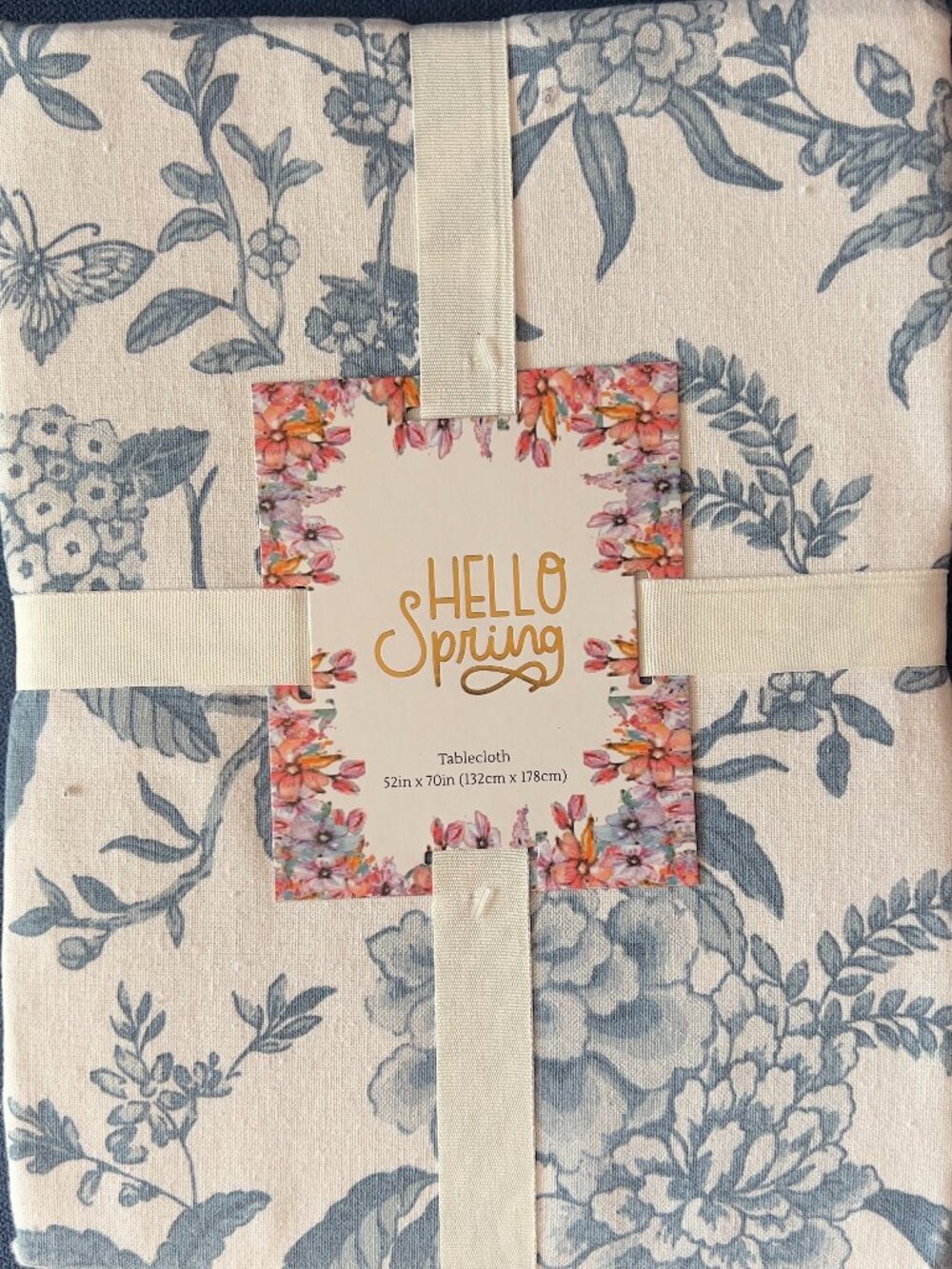 Blue White Tablecloth  52" x 70" Flowers Birds Cotton Blend Chinoiserie Mireille